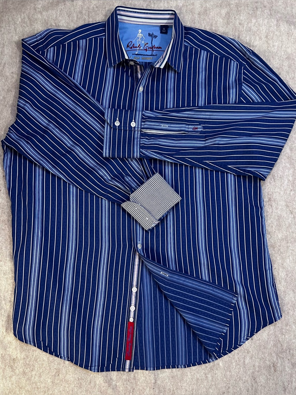 Robert Graham Old Money Gentleman’s Navy and White Striped Dress Shirt XL